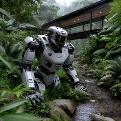 Robot by a jungle stream, modern bridge