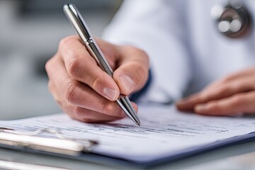 Close-up of doctor's hand writing on clipboard