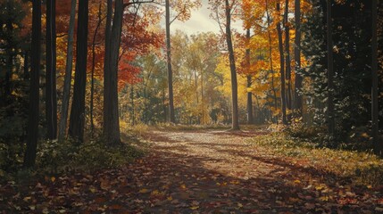 Sunlight streams through autumn forest path
