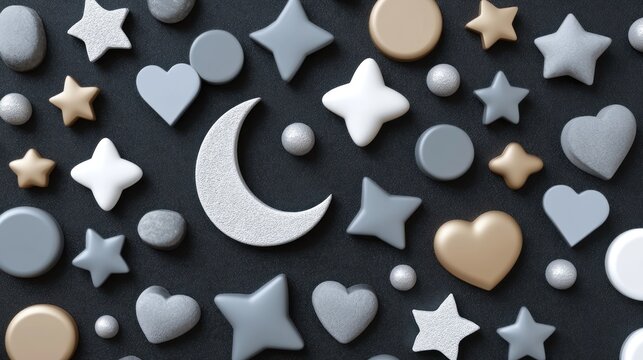 Flat lay design with stars, moons, and hearts