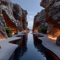 Rocky canyon, reflecting pool,  sunset glow