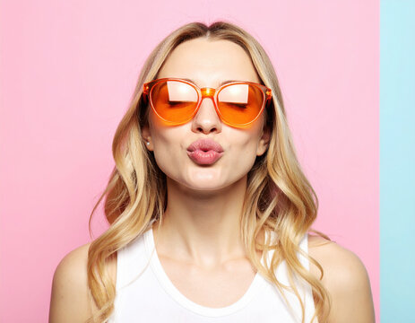 Pretty lady with orange sunglasses making playful kissy face against colorful background, radiating joy and confidence