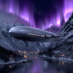 Silver airship over snowy fjord, vibrant aurora borealis