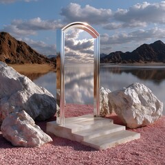 Silver archway portal on a pink-sand beach, reflecting serene sky over calm lake