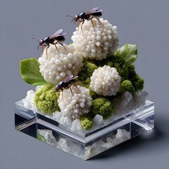 Small, acrylic cube displays clusters of off-white, bead-like objects atop moss and leaves.  Three insects are on top
