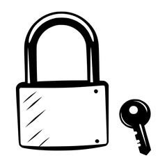 Minimalist Padlock and Key Illustration, Hand-Drawn Lock and Key Sketch, Monochrome Security Symbol Drawing, Simple Lock and Key Artwork, Black and White Lock and Key Concept