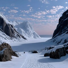 Snowy mountain pass, two figures walking.  Vast landscape, icy peaks, serene