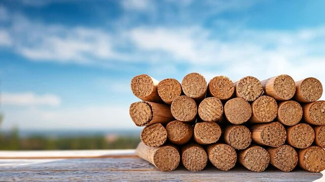 Stack of natural corks against blurred sky background material texture