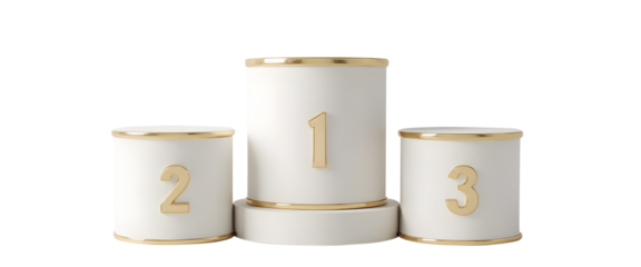 Elegant offwhite podium with gold accents, numbered 1, 2, and 3, isolated on transparent background