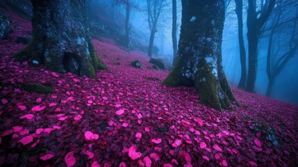 Misty forest slope covered in vibrant pink petals