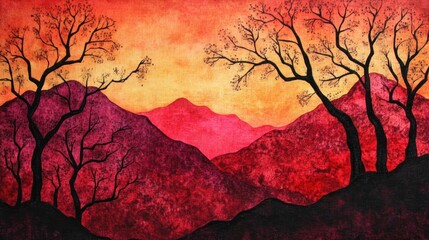 Watercolor landscape, fiery sunset over mountains, silhouetted trees
