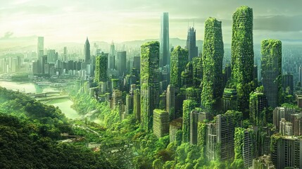 City overtaken by vibrant green vegetation