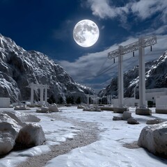 Snowy mountain valley at night, full moon, power lines