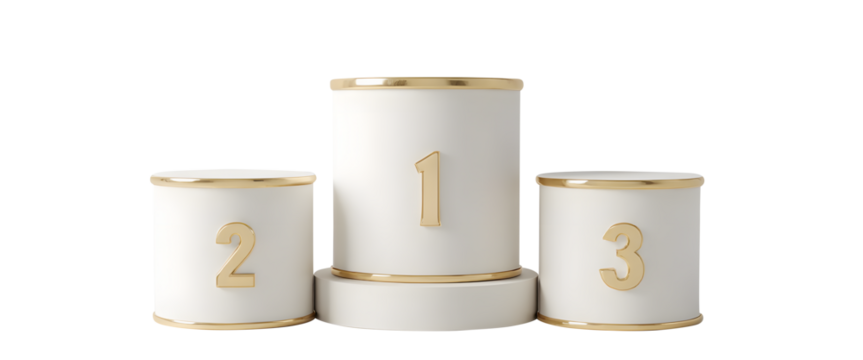 Elegant offwhite podium with gold accents, numbered 1, 2, and 3, isolated on transparent background