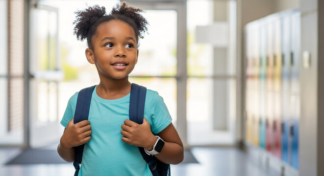 Happy young African American girl with backpack and smartwatch in school hallway ready for learning