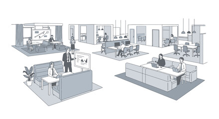 Modern Office Layout Illustration: Collaborative Workspace Design