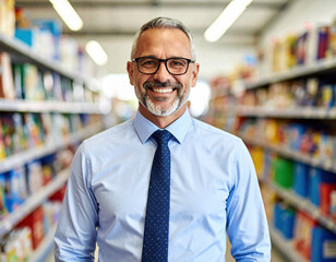 Smiling middle aged man with glasses and tie stands in colorful toy store aisle, exuding warmth and friendliness. vibrant shelves filled with toys create cheerful atmosphere