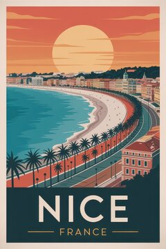 Vintage Travel Poster of Nice, France with Beachfront Promenade and Colorful Old Town