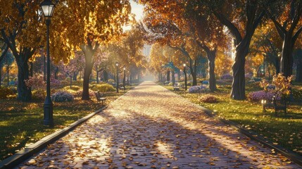 Autumn park path, golden leaves, sunlight