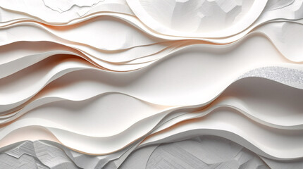 Layered white paper waves with soft peach shadows creating elegant abstract landscape in minimal luxury style