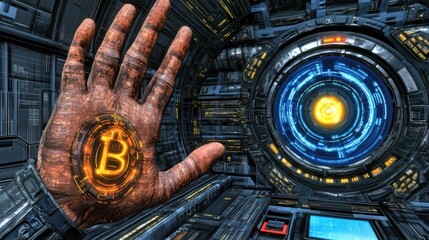 Rusty hand with glowing Bitcoin symbol in futuristic space station