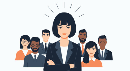 Empowered Woman Leading Diverse Team - Vector Illustration