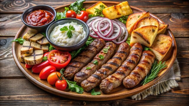 Balkan pljeskavica served with sides