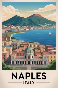 Vintage Travel Poster of Naples, Italy with Mount Vesuvius and Coastal Cityscape
