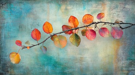 Autumnal branch with vibrant leaves against a textured teal background