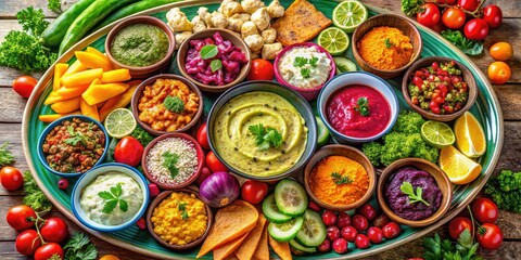 Fototapeta premium Vibrant platter with colorful vegetarian dishes and dips for a lively gathering