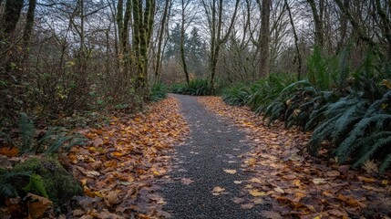 Autumnal path in a misty forest