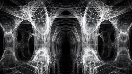 Abstract, symmetrical, spiderweb-like structures in grayscale on dark background