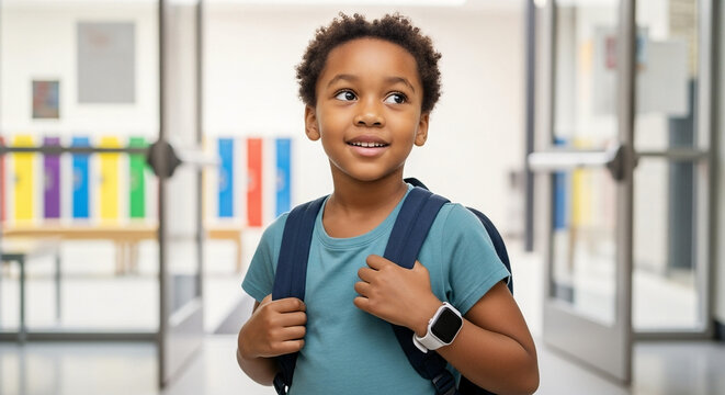 Optimistic young African American boy with backpack and smartwatch in school hallway ready for new day