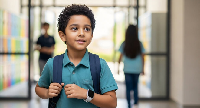 Young South Asian boy with curly hair backpack and smartwatch smiling in school hallway ready for learning