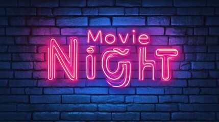 Neon pink and blue "Movie Night" sign on a brick wall