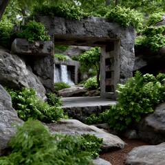 Stone archway framed garden path with waterfall