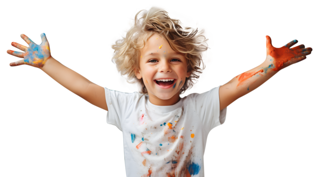 A joyful child, arms outstretched and paintsplattered, isolated on transparent background
