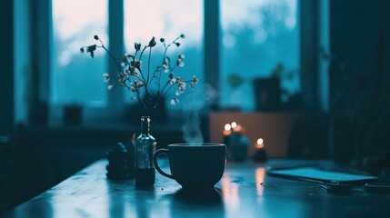 Cozy interior scene with a cup of steaming coffee and small flowers
