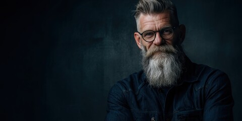 Stylish Older Man with a Beard and Glasses in a Dark Studio Setting
