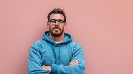 Confident Young Man in Casual Hoodie Against a Soft Pink Background