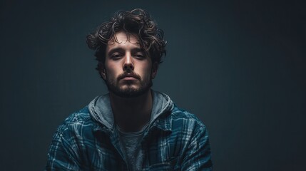 Contemplative Young Man in Casual Attire with Curly Hair Against a Dark Background