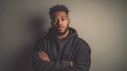 Confident Young Man in Casual Hoodie Against a Neutral Background