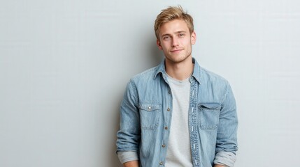 Casual Portrait of a Young Man in Denim Shirt Against a Neutral Background