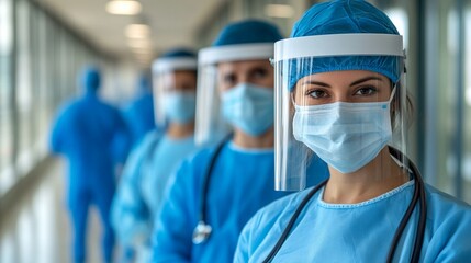 Healthcare professionals in protective gear pose in a brightly lit corridor, showcasing their commitment and readiness to fight against health challenges.
