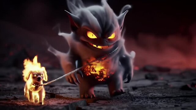 Fiery demon creature with a chained burning dog