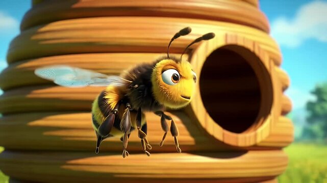 Animated bee in front of a beehive