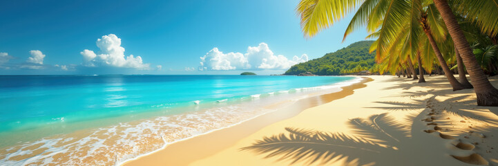 Fototapeta premium A serene tropical beach with golden sand, clear turquoise waters, and lush palm trees under a bright blue sky.