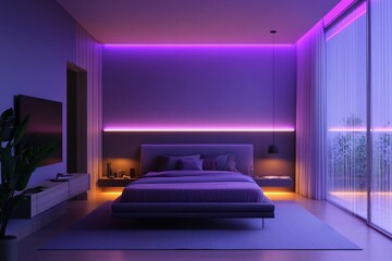 Modern bedroom interior with purple LED lights under the bed and on wall, cozy decoration. Design for home.