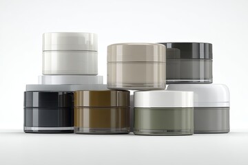 Assorted cosmetic jars in various colors stacked