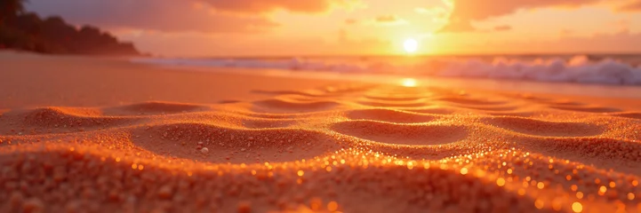 Fotobehang A serene beach scene with golden sand sparkling in the warm light of the setting sun over the ocean. © Aleksei Solovev